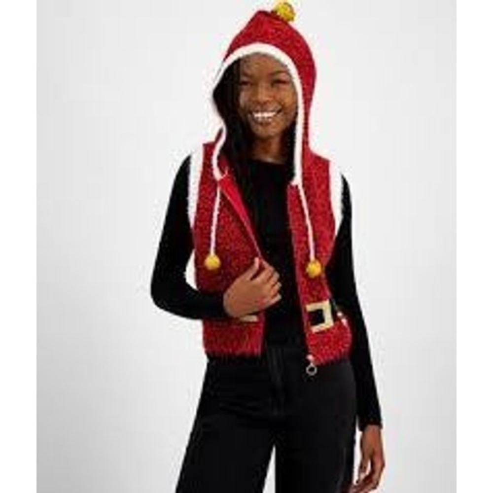 Major Label Group Red Metallic Eyelash Knit Santa Hooded Sweater Vest XL NEW